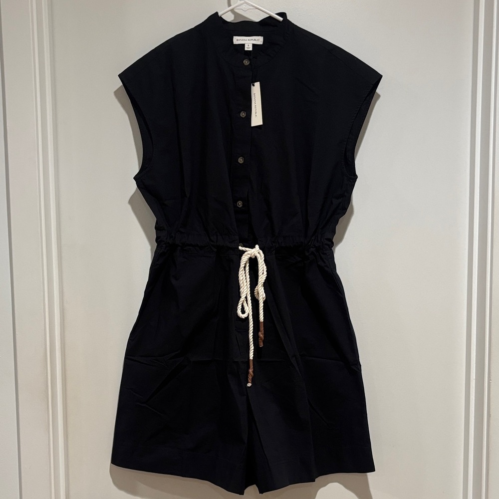 NWT Banana Republic Black Button-Up Romper with Drawstring Waist